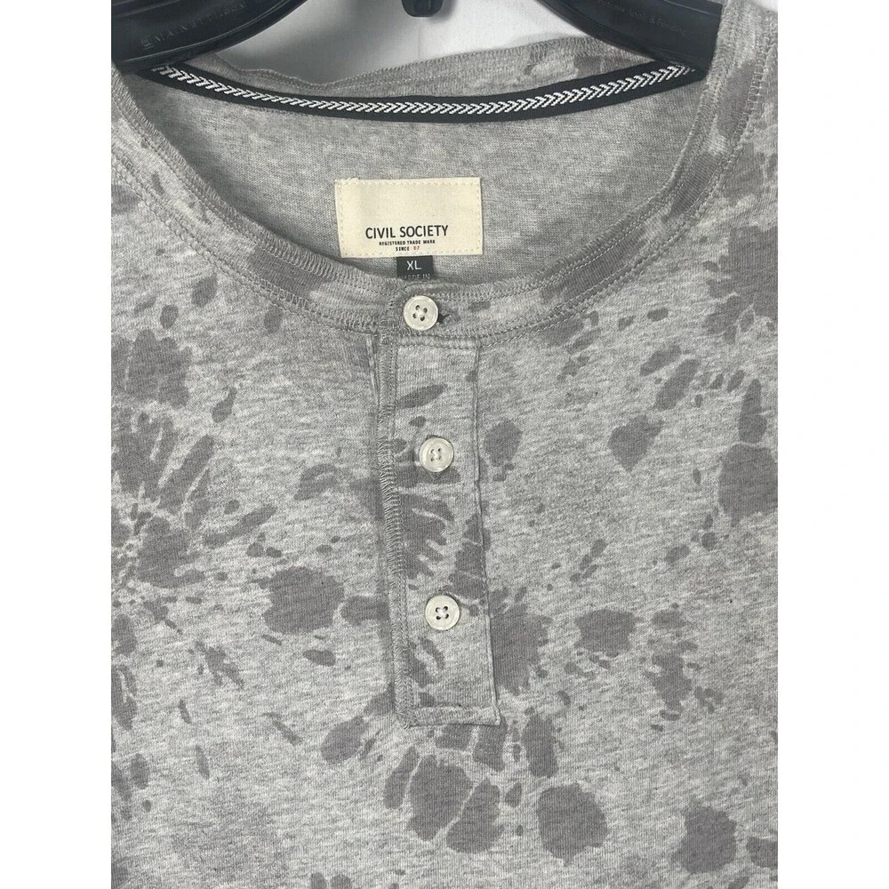 Civil Society Tie Dye Gray Print Short Sleeve Henley Cotton T-Shirt Sz XL New